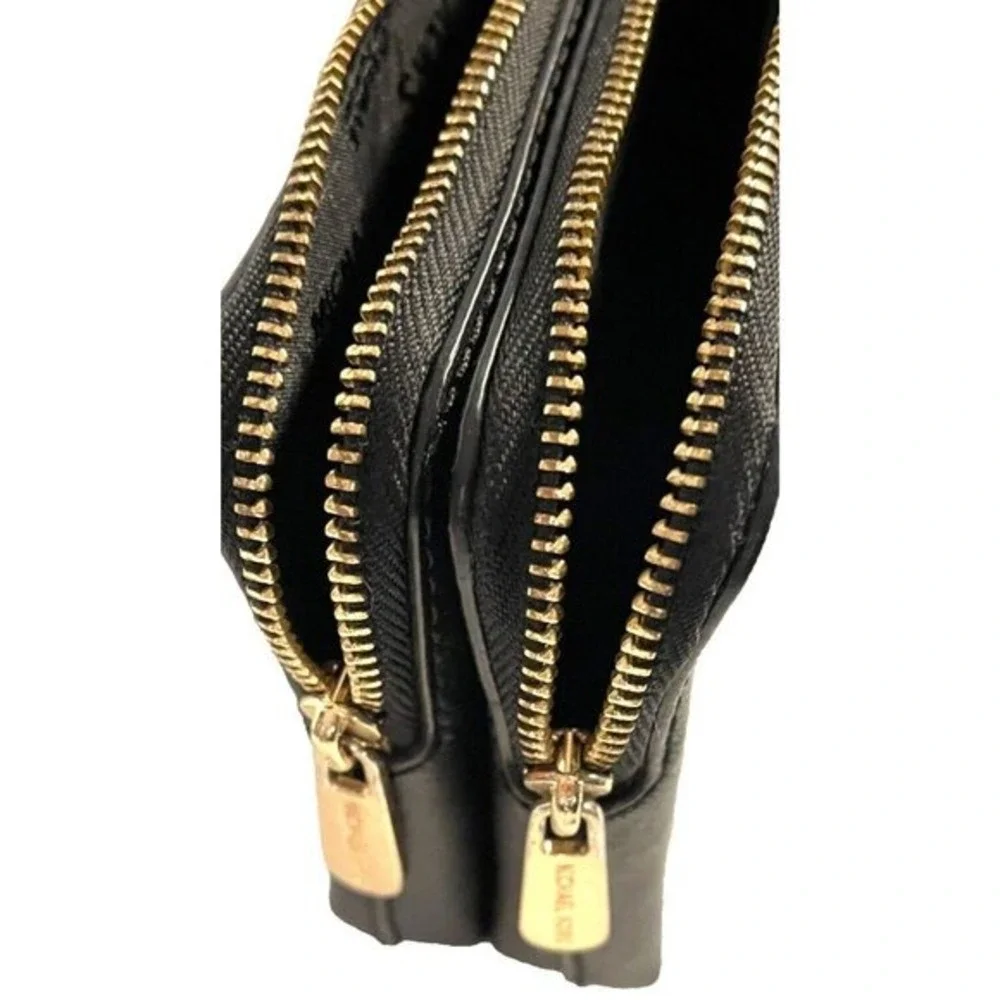 Michael Kors Black Leather Double Zip Wristlet‎ Wallet Clutch Purse Gold Tone